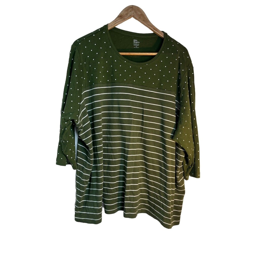 Kim Rogers T-Shirt Womens 4X Polka Dot Green Print 3/4 Sleeve Cotton Top